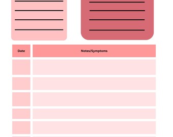 May include: A digital weekly symptom tracker with a white background. The tracker includes sections for medications, dosages, and notes. The text "Weekly Symptom Tracker" is at the top. Pink and red accents are used throughout the design.
