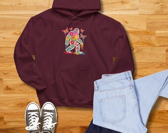 Sudadera Yeti Floral, Cuello redondo con mariposas en acuarela, Sudadera con estampado de naturaleza, Regalo unisex artístico de tejido grueso, Suéter acogedor con mensaje