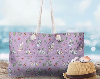Bolso de fin de semana con estampado floral de grullas de origami / Bolso de viaje botánico de lavanda