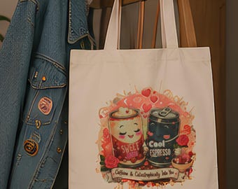 Bolso de mano con ilustración de café Kawaii / Bolso de lona con diseño de latte dulce y espresso.