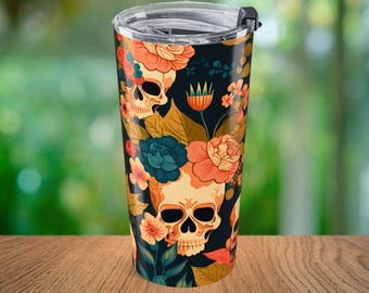 Vaso térmico con estampado floral de calaveras / Vaso de viaje de 20 oz con calaveras y rosas