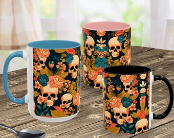 Taza de café con estampado floral de calaveras / 11 oz 15 oz