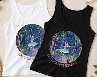 Camiseta sin mangas con bailarina esquelética bailando en un bosque encantado / Arte del ballet gótico