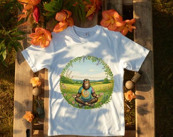 Camiseta gráfica Groovy Yeti de meditación, camiseta con estampado de pradera de flores silvestres