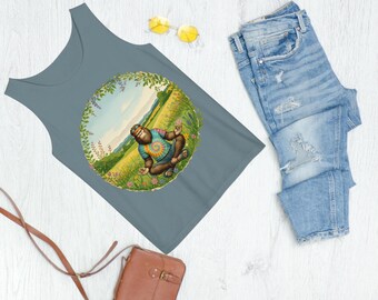 Camiseta sin mangas con estampado de Yeti meditando, diseño de pradera de flores silvestres, camisa de verano de algodón teñido en prenda.
