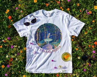 Camiseta con estampado de esqueleto y bailarina en el bosque, camiseta gráfica de bosque oscuro.