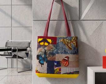 Bolso tote con estampado de mariposas y patchwork colorido