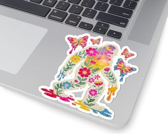 Pegatina Yeti Floral con Troquelado, Vinilo Adhesivo de Mariposa Acuarela, Pegatina para Portátil con Naturaleza Pintada, Regalo para Amantes del Arte, Decoración Caprichosa de Criptozoología