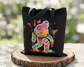 Bolso tote de lona Yeti floral, bolso tote de mercado de mariposas en acuarela, bolso de mano con motivos de la naturaleza pintados, regalo para amantes del arte, bolso de criaturas fantásticas