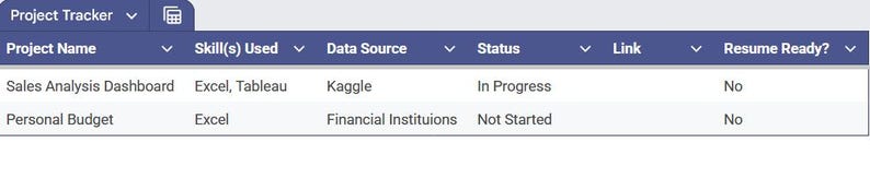 May include: A screenshot of a project tracker table. Columns include project name, skills used, data source, status, link, and resume readiness. Entries show "Sales Analysis Dashboard" and "Personal Budget" with their respective details.