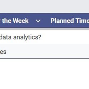 May include: A digital weekly planner interface with a blue header and white text. The planner includes columns for week, focus skill, goals, planned time, actual time, and notes. Two rows display data analytics concepts and goals.
