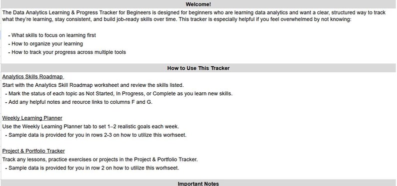 May include: A white document with black text detailing a data analytics learning and progress tracker for beginners. The document includes sections on skills, planning, and project tracking, with instructions on how to use the tracker effectively.