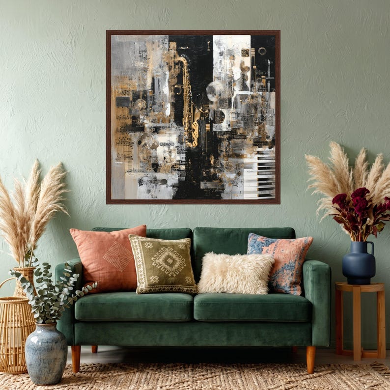 Abstract Jazz Instrument Canvas, Saxophone and Piano Wall Art, Music Themed Canvas Decor, Modern Artistic Melody Print, Home Music Room image 7