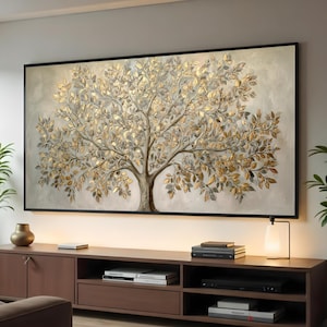 Elegante goud- en zilverkleurige boom canvas muurkunst, metallic bladeren, moderne natuur canvas, grote abstracte boom schilderij, interieuraccent
