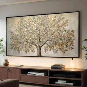Elegante quadro su tela con albero in oro e argento, foglie dall'aspetto metallico, tela moderna a tema natura, grande dipinto astratto di albero, complemento d'arredo per la casa.