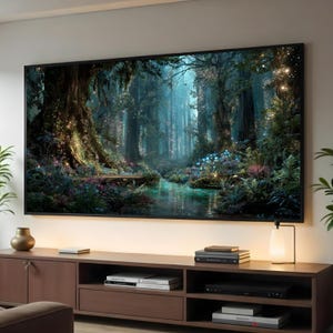 Foresta incantata luminosa, tela con bosco magico, decorazione murale con luci fatate, paesaggio naturale mistico, tela con foresta fantasy
