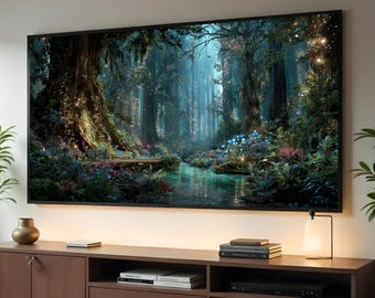 Enchanted Forest Glow, Magical Woodland Canvas, Fairy Light Wall Art, Mystical Nature Landscape, Fantasy Forest Canvas Decoration