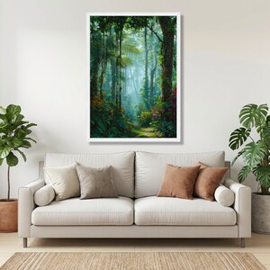 Lush Tropical Rainforest Pathway Canvas, Exotic Jungle Wall Art, Nature Landscape Canvas, Vibrant Botanical Scene, Ready to Hang Home Decor White Frame