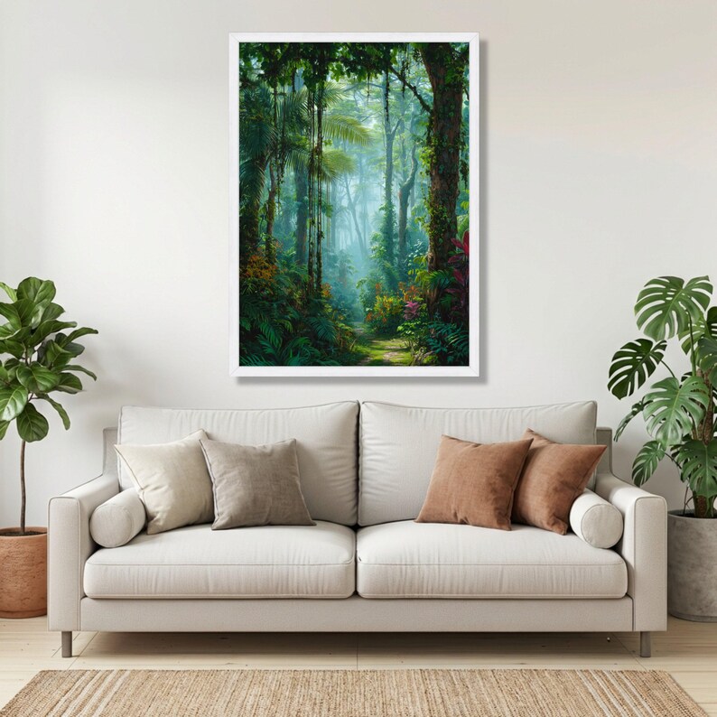 Lush Tropical Rainforest Pathway Canvas, Exotic Jungle Wall Art, Nature Landscape Canvas, Vibrant Botanical Scene, Ready to Hang Home Decor White Frame