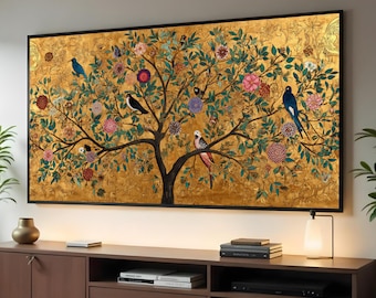 Gustav Klimt Tree of Life Canvas, Floral Bird Wall Art, Ornate Gold Leaf Canvas, Decorative Nature Illustration, Elegant Home Decor