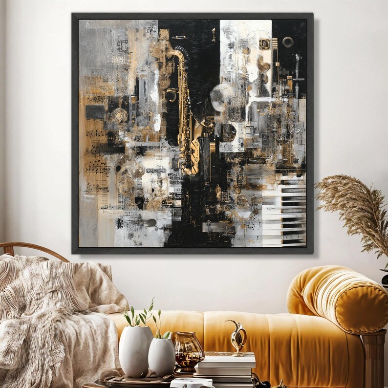 Abstract Jazz Instrument Canvas, Saxophone and Piano Wall Art, Music Themed Canvas Decor, Modern Artistic Melody Print, Home Music Room image 3