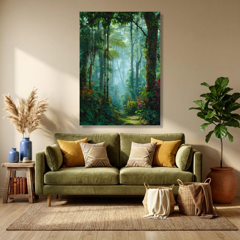 Lush Tropical Rainforest Pathway Canvas, Exotic Jungle Wall Art, Nature Landscape Canvas, Vibrant Botanical Scene, Ready to Hang Home Decor StretchedWood Canvas