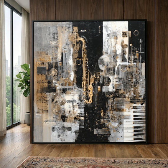 Abstract Jazz Instrument Canvas, Saxophone and Piano Wall Art, Music Themed Canvas Decor, Modern Artistic Melody Print, Home Music Room