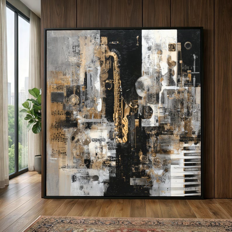Abstract Jazz Instrument Canvas, Saxophone and Piano Wall Art, Music Themed Canvas Decor, Modern Artistic Melody Print, Home Music Room image 1
