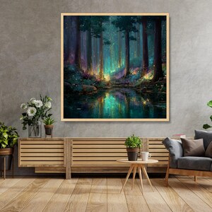 Enchanted Forest Glow, Magical Woodland Canvas, Fantasy Landscape Wall Art, Illuminated Trees Reflection, Mystical Nature Decor image 6