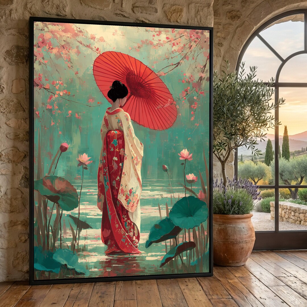 Elegant Geisha With Red Umbrella Canvas, Japanese Kimono Wall Art ...