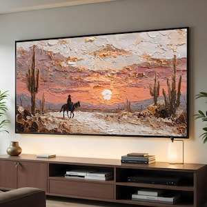 Desert Sunset Cowboy Canvas Wall Art, Western Landscape Painting, Horse Rider Silhouette, Cactus Scene on Canvas, Rustic Home Decor