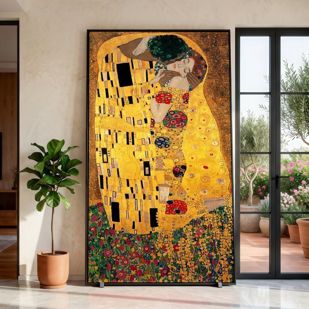Gustav Klimt the Kiss Canvas Wall Art, Romantic Golden Embrace Painting ...