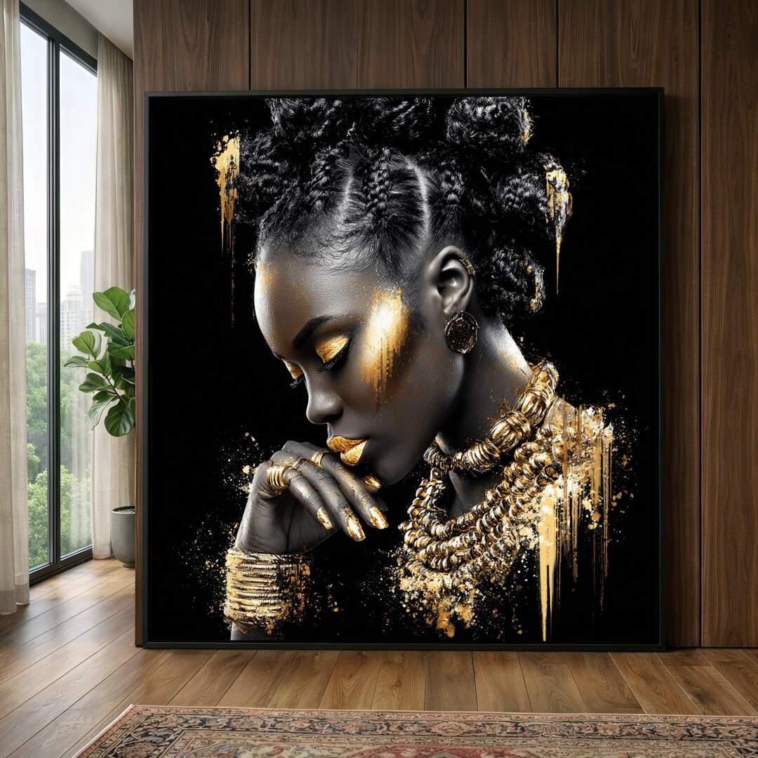 Elegant African Woman Portrait Canvas, Gold Accents Wall Art, Black ...