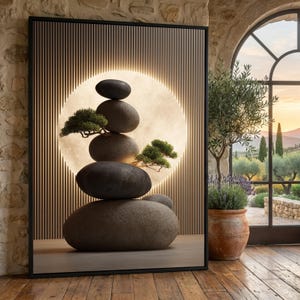 Puede incluir: Una obra de arte enmarcada que representa una escena de jardín zen. Se apilan piedras grises lisas, con pequeños bonsáis verdes. Una luz circular brillante está detrás de las piedras, sobre un fondo de listones de madera verticales. El marco es negro.