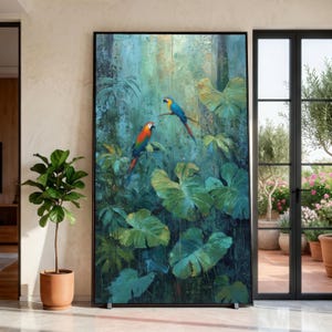 Tropical Parrots Canvas Wall Art, Lush Green Jungle Leaves Painting, Exotic Bird Wildlife Decor, Vibrant Nature Canvas for Home