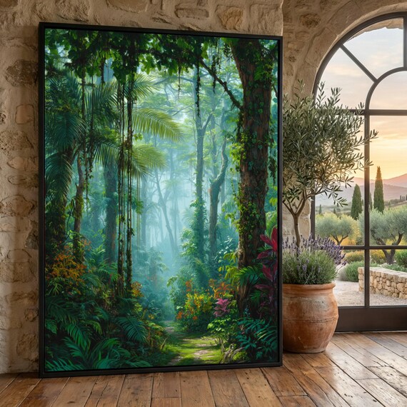 Lush Tropical Rainforest Pathway Canvas, Exotic Jungle Wall Art, Nature Landscape Canvas, Vibrant Botanical Scene, Ready to Hang Home Decor