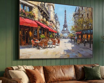 May include: Oil painting of a Parisian street scene featuring the Eiffel Tower in the background. The artwork depicts a cafe with red awnings, tables, and chairs. Buildings line the street, and the sky is a clear blue.