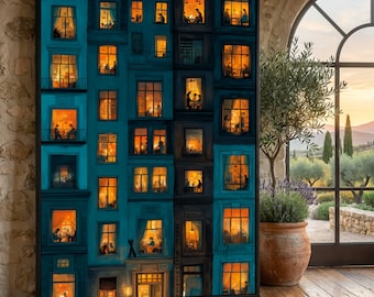 Cozy Apartment Windows Canvas Wall Art, City Nightlife Illustration, Warm Indoor Scenes Canvas, Urban Home Decor, Modern Living Space Wall