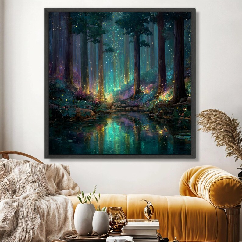 Enchanted Forest Glow, Magical Woodland Canvas, Fantasy Landscape Wall Art, Illuminated Trees Reflection, Mystical Nature Decor image 3
