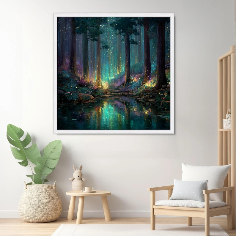 Enchanted Forest Glow, Magical Woodland Canvas, Fantasy Landscape Wall Art, Illuminated Trees Reflection, Mystical Nature Decor image 5