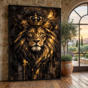 Majestic Lion with Gold Crown Canvas, Regal Animal Wall Art, King of the Jungle Painting, Bold Wildlife Canvas, Luxury Home Decoration