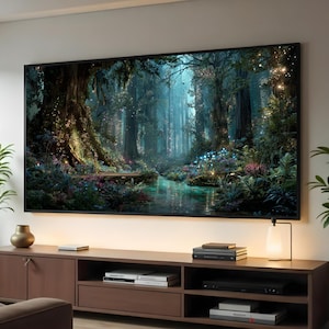 Resplandor de bosque encantado, lienzo de bosque mágico, arte de pared con luces de hadas, paisaje natural místico, decoración de lienzo de bosque de fantasía