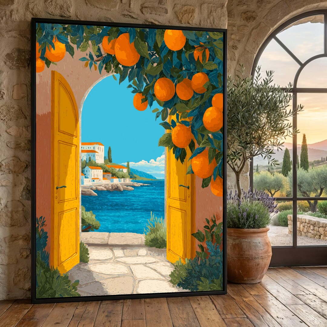 Mediterranean Seaside View, Open Yellow Door Canvas, Orange Tree Wall ...