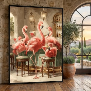 Playful Flamingos at Bar Canvas, Tropical Birds Artwork, Fun Flamingo Wall Art, Colorful Animal Canvas, Home Decor Painting, Ready to Hang