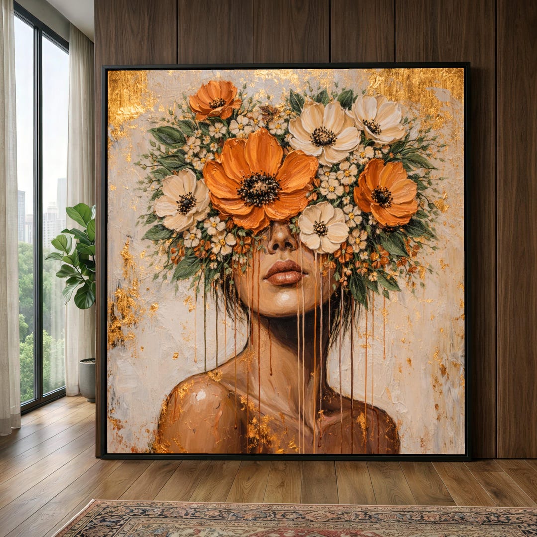 Elegant Woman Portrait With Floral Crown, Abstract Face Art Canvas ...