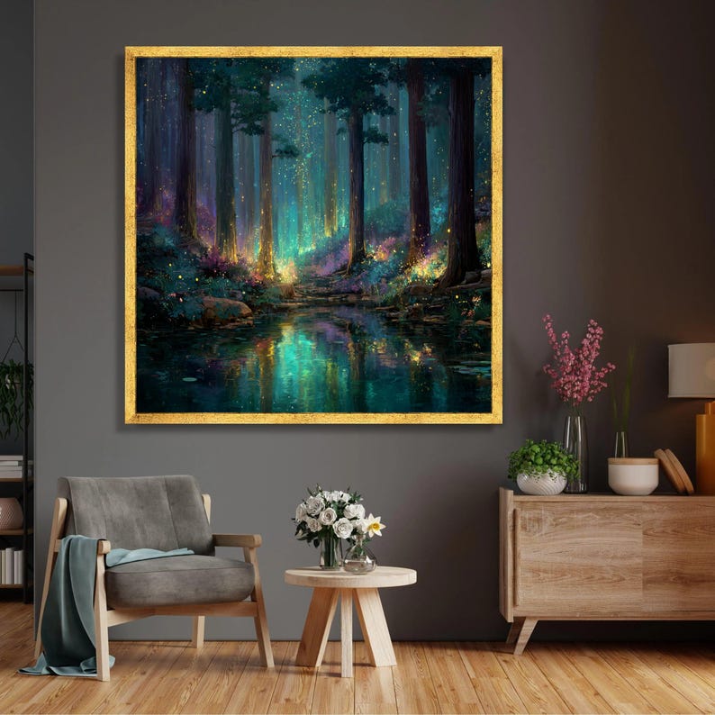 Enchanted Forest Glow, Magical Woodland Canvas, Fantasy Landscape Wall Art, Illuminated Trees Reflection, Mystical Nature Decor image 2