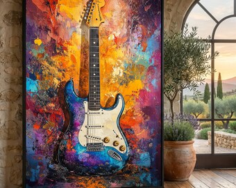 May include: A framed abstract painting of an electric guitar. The guitar is blue and white, with gold hardware, set against a vibrant background of orange, purple, and yellow brushstrokes. The artwork is displayed in a room with a wooden floor.