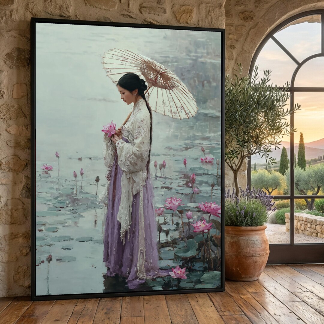 Elegant Asian Woman With Parasol and Lotus Flowers Canvas Wall Art ...