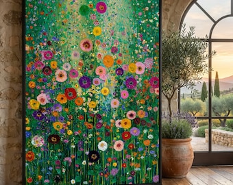 May include: A framed floral painting with a black border. The artwork features a vibrant display of colorful flowers in shades of red, pink, yellow, orange, purple, and white against a green background. The painting is displayed on a wooden floor.