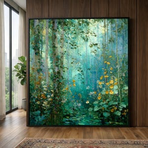 Lienzo «Arroyo en el bosque místico», arte mural floral de Gustav Klimt, escena tranquila del bosque, lienzo listo para colgar